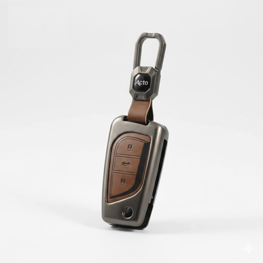 Metal Leather Brown Car Key Cover For Toyota: Innova Crysta, Corolla Altis. (3 button flip key)