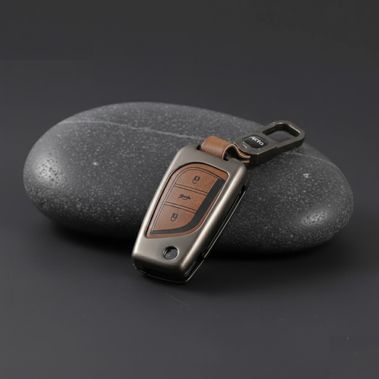 Metal Leather Brown Car Key Cover For Toyota: Innova Crysta, Corolla Altis. (3 button flip key)