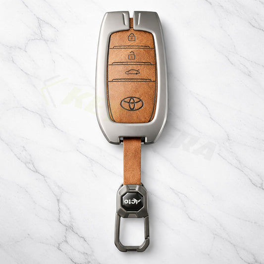 Metal Leather Brown Car Key Cover Compatible For Toyota: Innova Crysta, HyCross, Hilux, Fortuner, Legender, Land Cruiser, Camry (3 button smart key)
