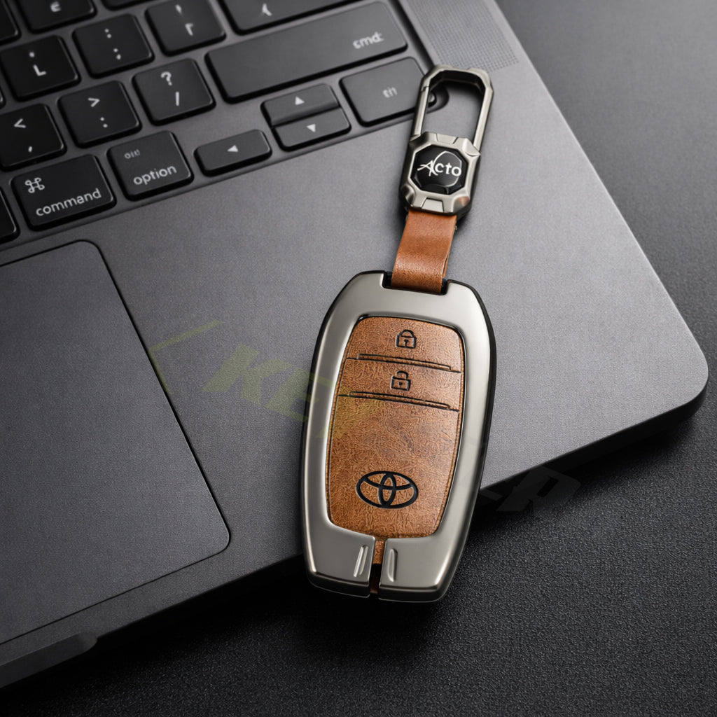 Metal Leather Brown Car Key Cover Compatible For Toyota: Innova Crysta, Innova HyCross, Hilux (2 button smart key)