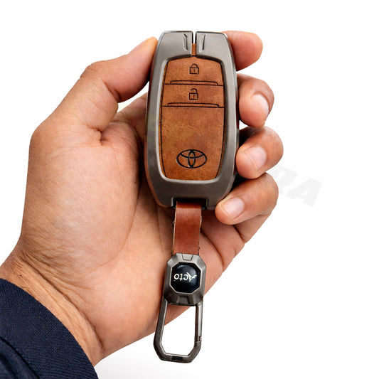 Metal Leather Brown Car Key Cover Compatible For Toyota: Innova Crysta, Innova HyCross, Hilux (2 button smart key)