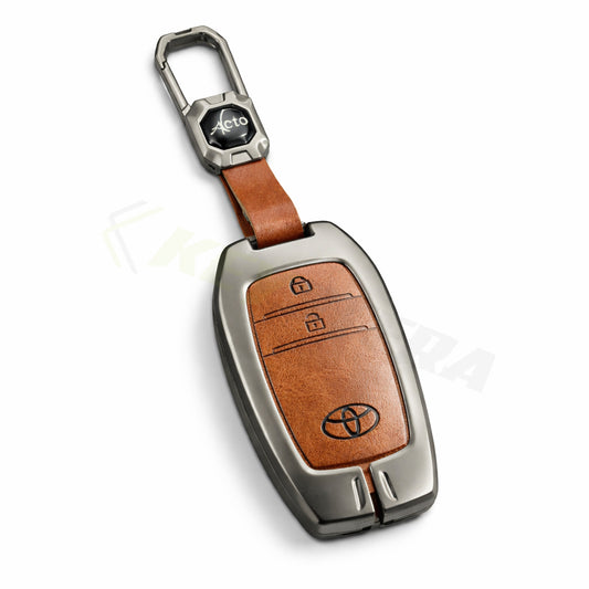 Metal Leather Brown Car Key Cover Compatible For Toyota: Innova Crysta, Innova HyCross, Hilux (2 button smart key)