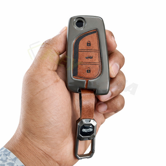 Metal Leather Brown Car Key Cover Compatible For Toyota: Innova Crysta, Corolla Altis. (3 button flip key)