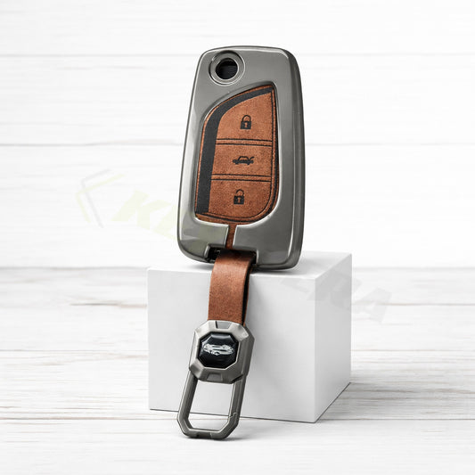 Metal Leather Brown Car Key Cover Compatible For Toyota: Innova Crysta, Corolla Altis. (3 button flip key)